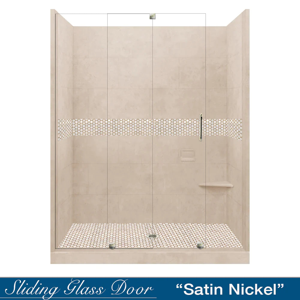 SPECIAL - 60" Alcove Desert Sand Sistine Stone & Honey Hex Mosaic Accent Shower Remodel Kit (FREE - Shampoo Niche)