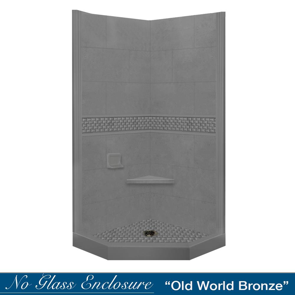 A finished neo-angle shower kit with a gray stone-like finish including a shampoo niche, with a clear glass door and a shower head, depicted in a bathroom setting.
