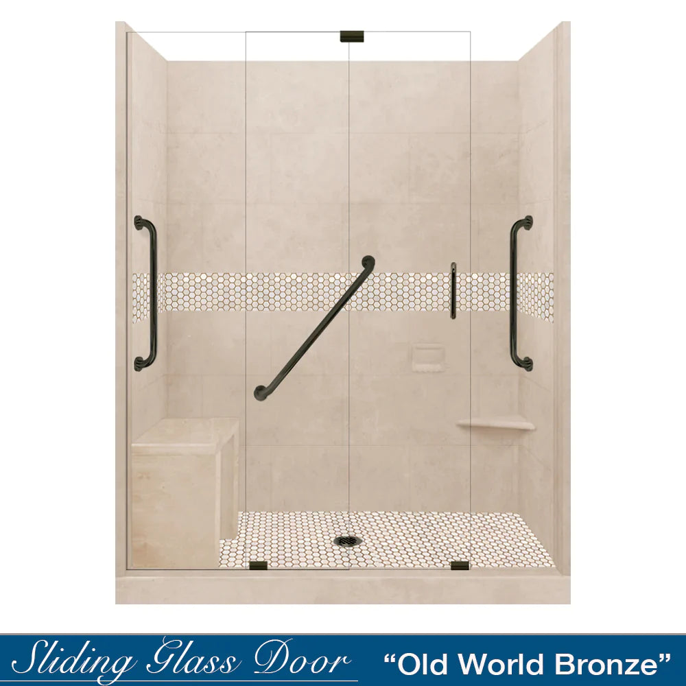 SPECIAL - 60" Alcove Desert Sand Sistine Stone & Honey Hex Mosaic Accent Shower Remodel Kit (FREE - Shampoo Niche)