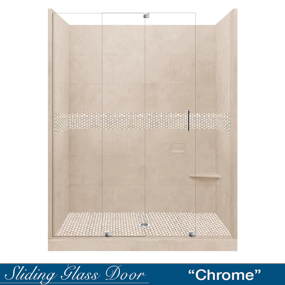 SPECIAL - 60" Alcove Desert Sand Sistine Stone & Honey Hex Mosaic Accent Shower Remodel Kit (FREE - Shampoo Niche)