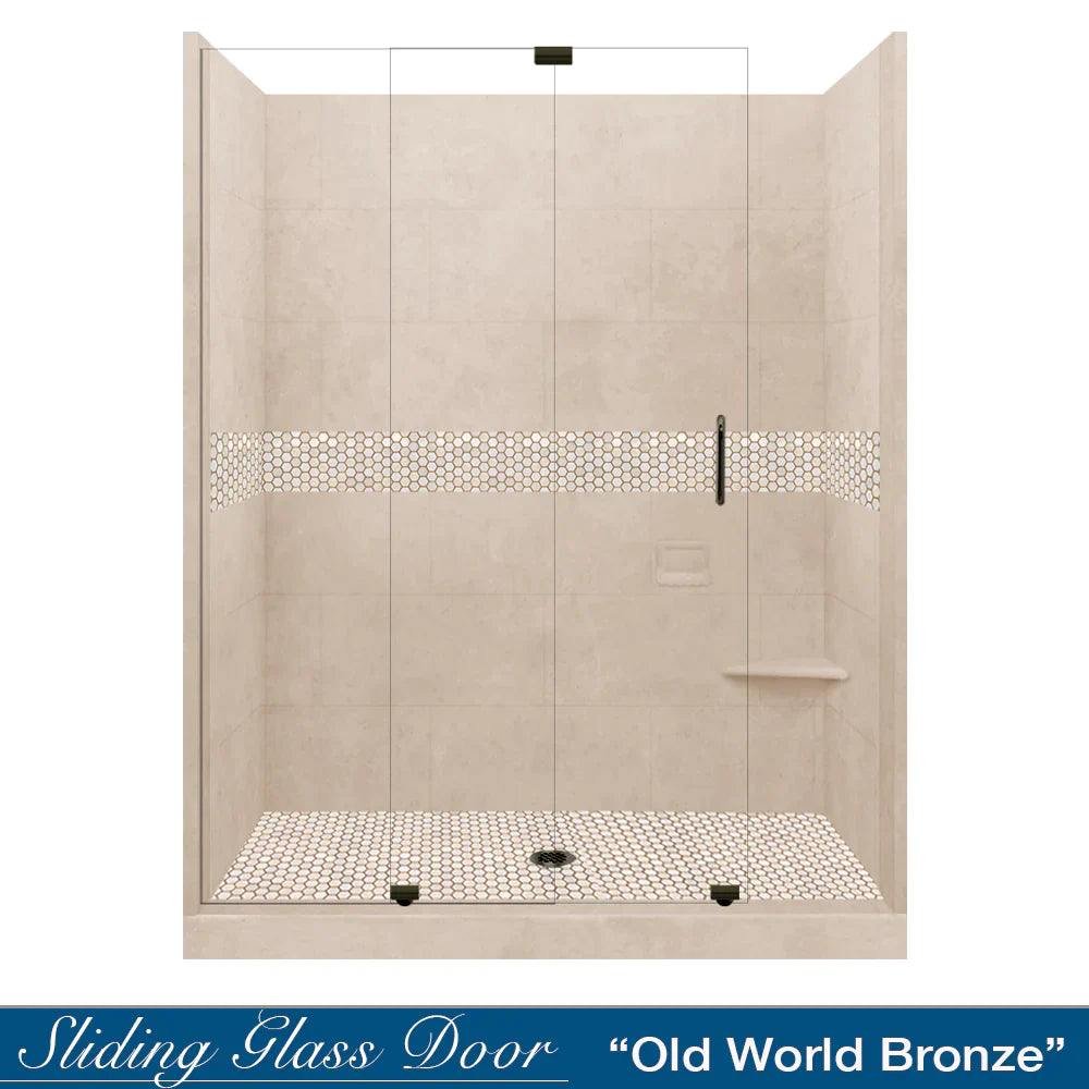 SPECIAL - 60" Alcove Desert Sand Sistine Stone & Honey Hex Mosaic Accent Shower Remodel Kit (FREE - Shampoo Niche)