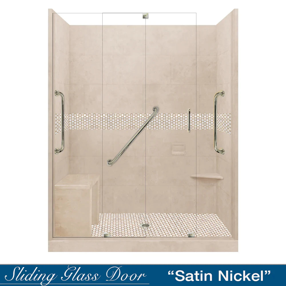 SPECIAL - 60" Alcove Desert Sand Sistine Stone & Honey Hex Mosaic Accent Shower Remodel Kit (FREE - Shampoo Niche)