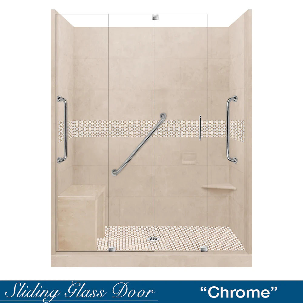 SPECIAL - 60" Alcove Desert Sand Sistine Stone & Honey Hex Mosaic Accent Shower Remodel Kit (FREE - Shampoo Niche)