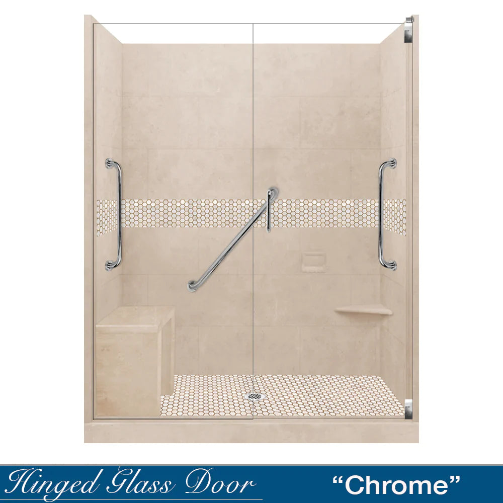 SPECIAL - 60" Alcove Desert Sand Sistine Stone & Honey Hex Mosaic Accent Shower Remodel Kit (FREE - Shampoo Niche)
