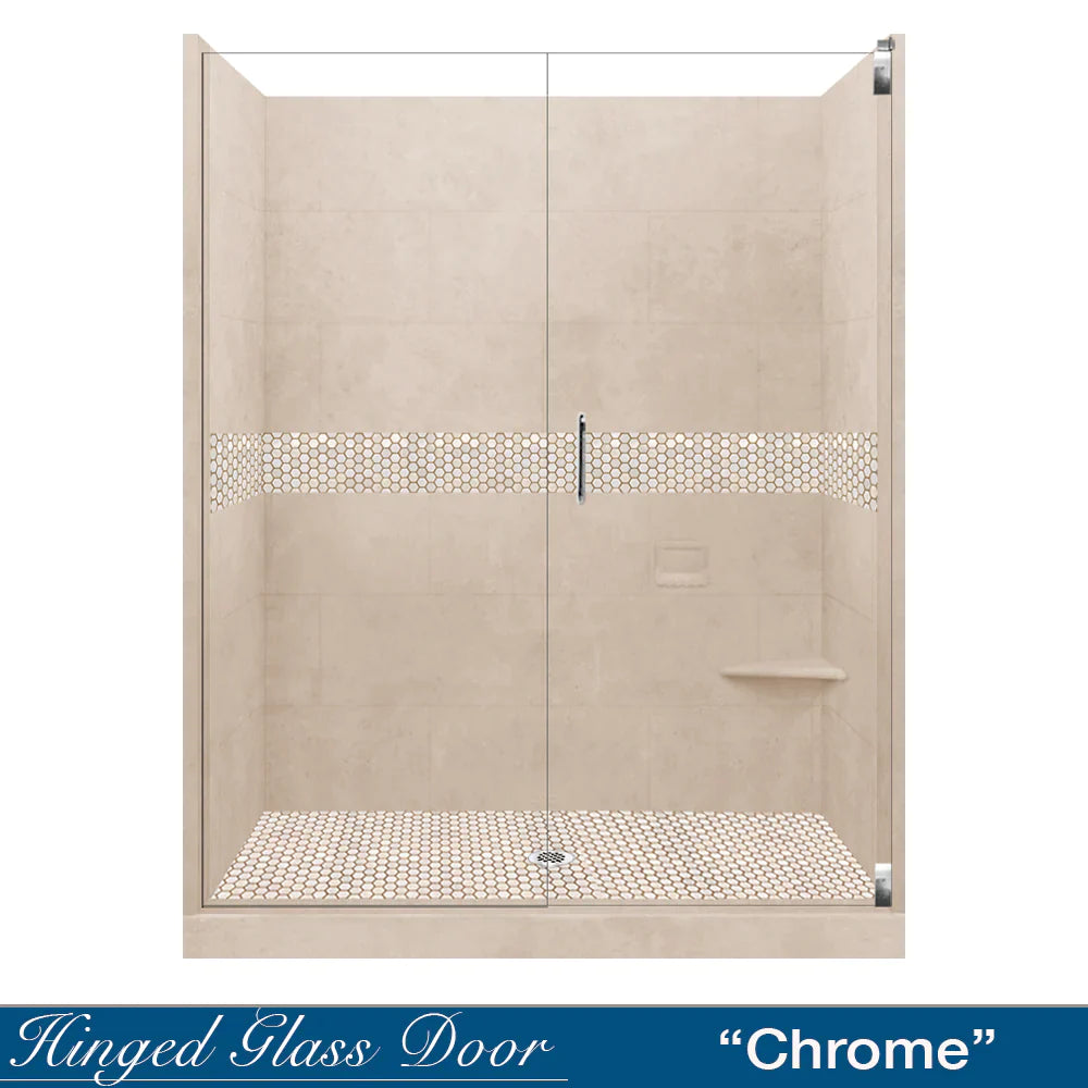 SPECIAL - 60" Alcove Desert Sand Sistine Stone & Honey Hex Mosaic Accent Shower Remodel Kit (FREE - Shampoo Niche)