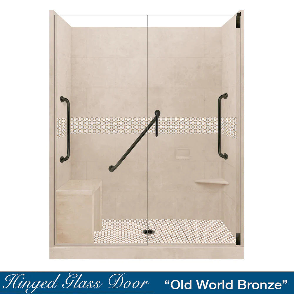 SPECIAL - 60" Alcove Desert Sand Sistine Stone & Honey Hex Mosaic Accent Shower Remodel Kit (FREE - Shampoo Niche)