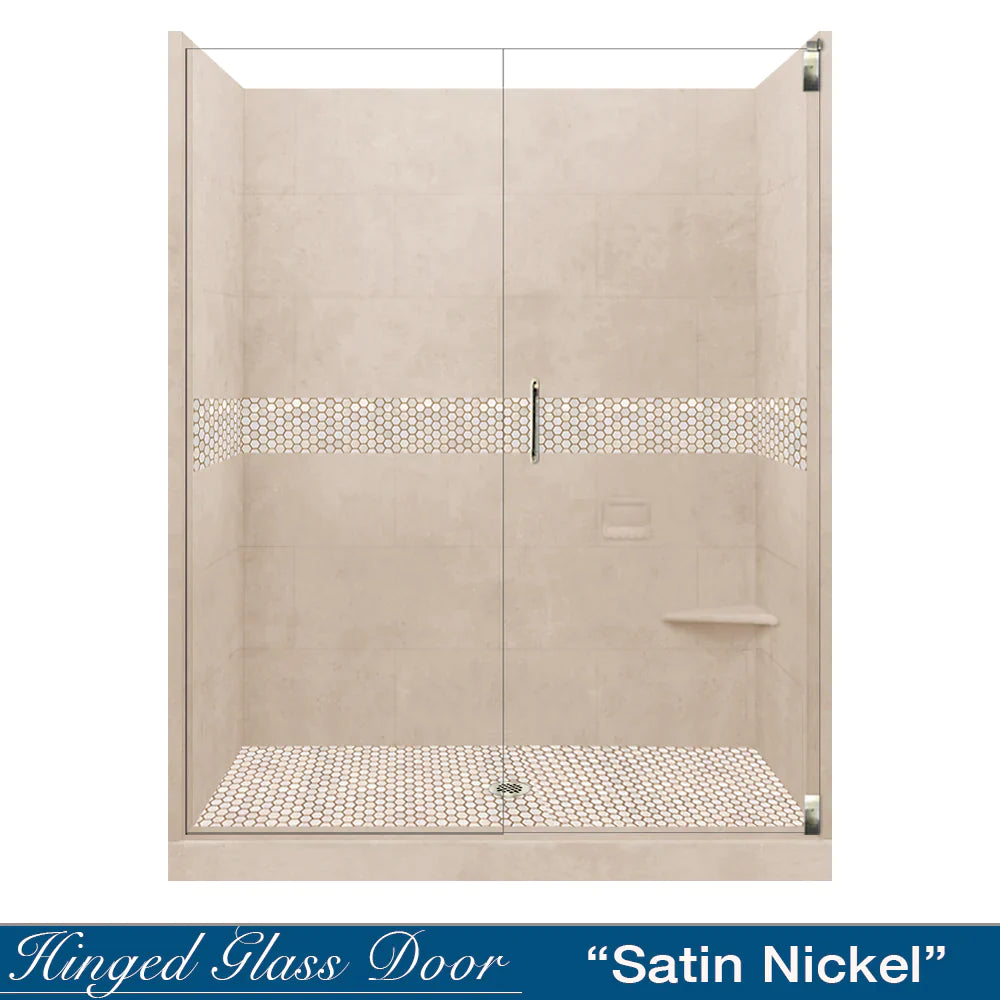 SPECIAL - 60" Alcove Desert Sand Sistine Stone & Honey Hex Mosaic Accent Shower Remodel Kit (FREE - Shampoo Niche)