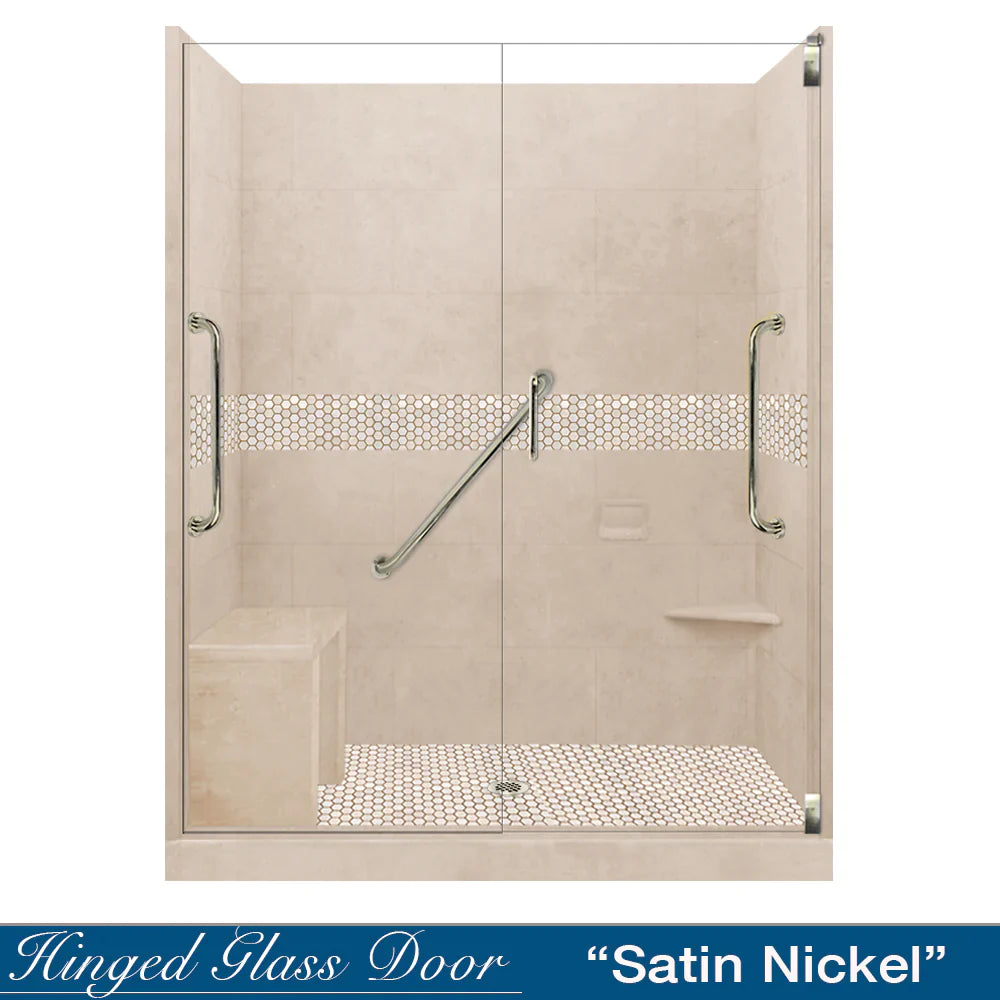 SPECIAL - 60" Alcove Desert Sand Sistine Stone & Honey Hex Mosaic Accent Shower Remodel Kit (FREE - Shampoo Niche)