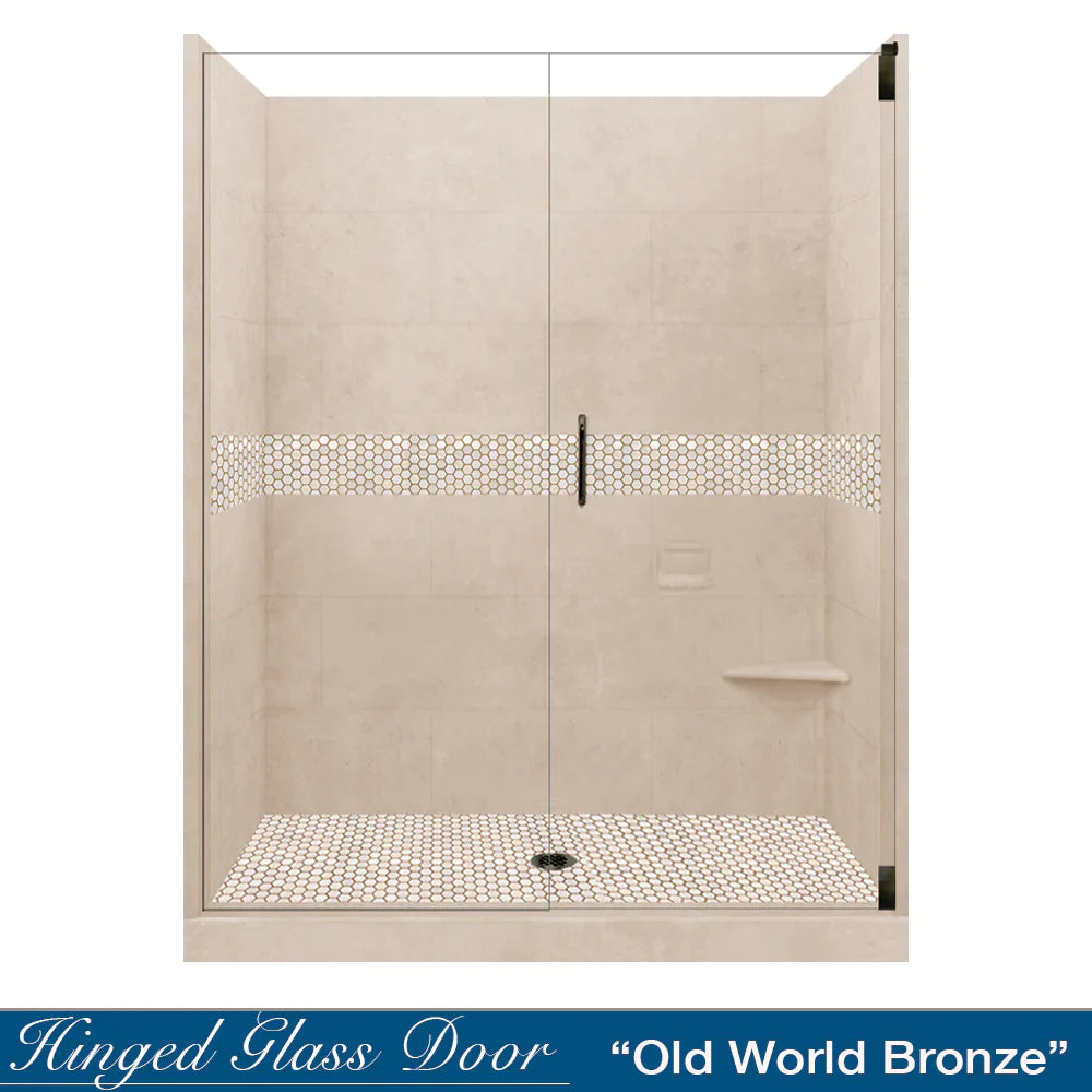 SPECIAL - 60" Alcove Desert Sand Sistine Stone & Honey Hex Mosaic Accent Shower Remodel Kit (FREE - Shampoo Niche)