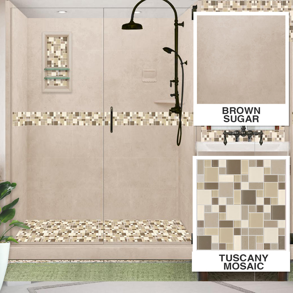 Special - 60" Alcove Brown Sugar Sistine Stone & Tuscany Mosaic Accent Shower Remodel Kit (FREE Shampoo Niche)