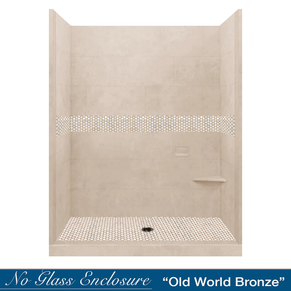 SPECIAL - 60" Alcove Desert Sand Sistine Stone & Honey Hex Mosaic Accent Shower Remodel Kit (FREE - Shampoo Niche)