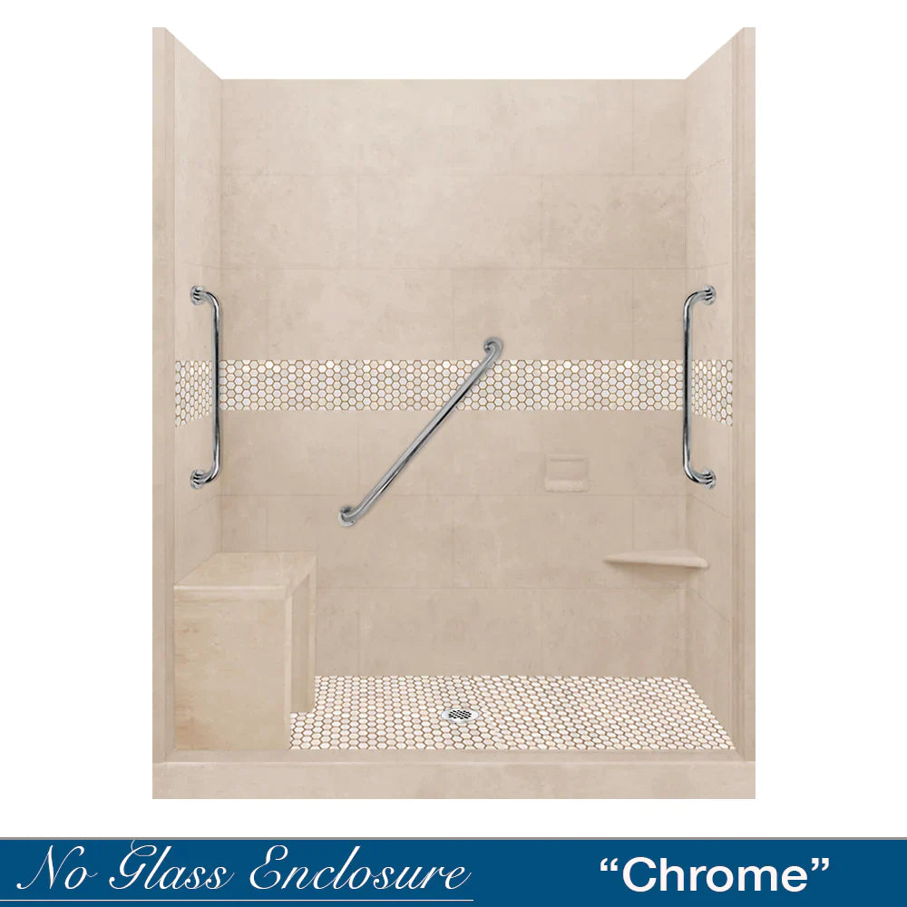 SPECIAL - 60" Alcove Desert Sand Sistine Stone & Honey Hex Mosaic Accent Shower Remodel Kit (FREE - Shampoo Niche)