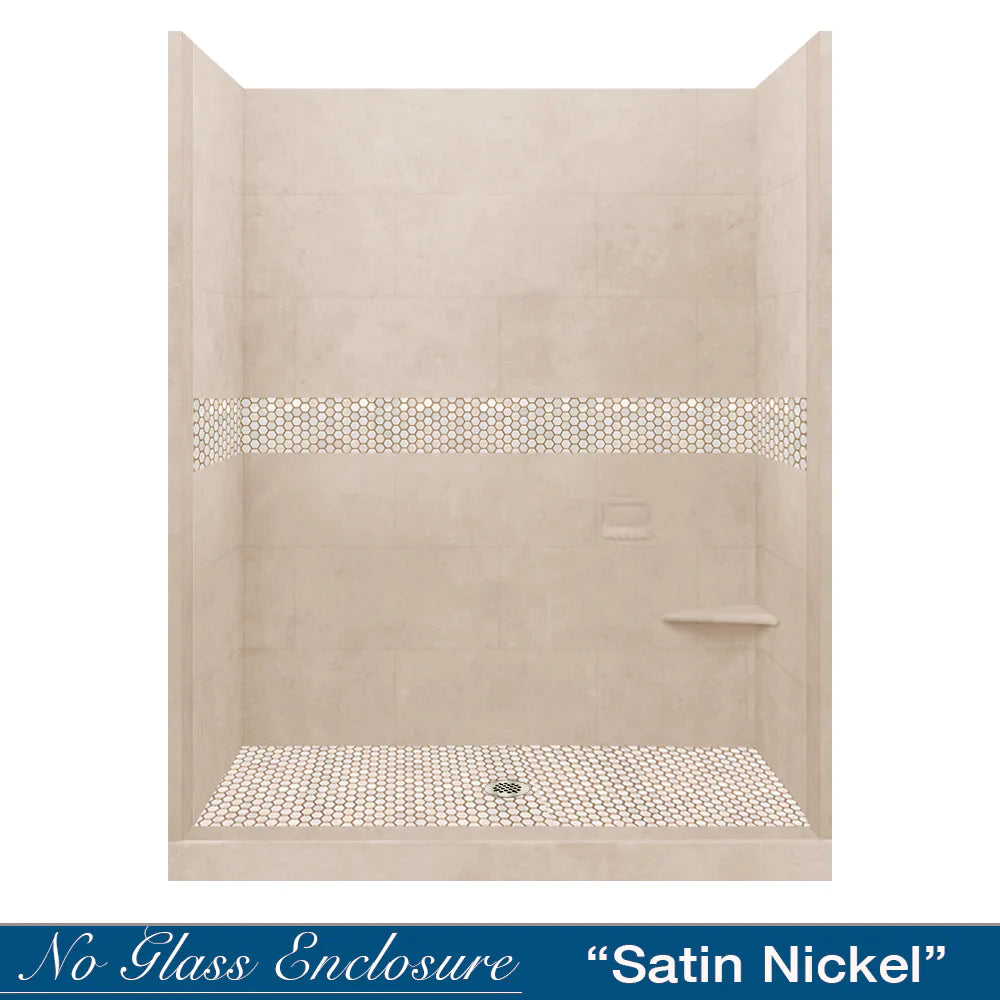 SPECIAL - 60" Alcove Desert Sand Sistine Stone & Honey Hex Mosaic Accent Shower Remodel Kit (FREE - Shampoo Niche)