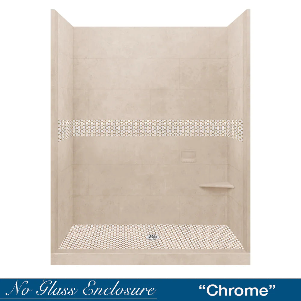 SPECIAL - 60" Alcove Desert Sand Sistine Stone & Honey Hex Mosaic Accent Shower Remodel Kit (FREE - Shampoo Niche)