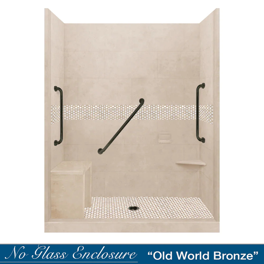 SPECIAL - 60" Alcove Desert Sand Sistine Stone & Honey Hex Mosaic Accent Shower Remodel Kit (FREE - Shampoo Niche)