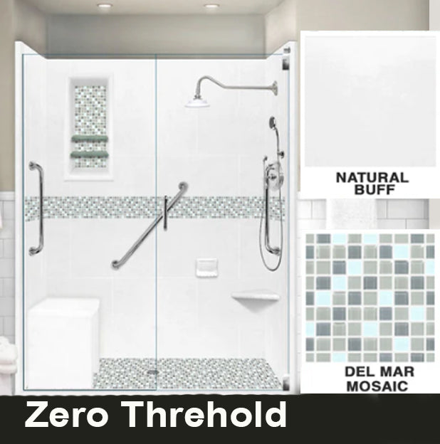 Freedom Zero 60" Alcove Natural Buff Sistine Stone & Del Mar Mosaic Accent Shower Remodel Kit