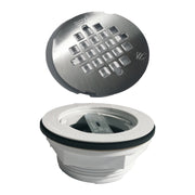 Metallic shower drain cover Satin nickel finish with grid pattern on a white background