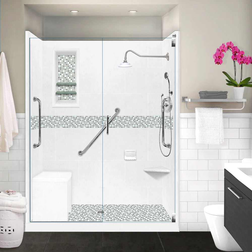 Freedom 60" Alcove Natural Buff Sistine Stone & Del Mar Mosaic Accent Shower Remodel Kit