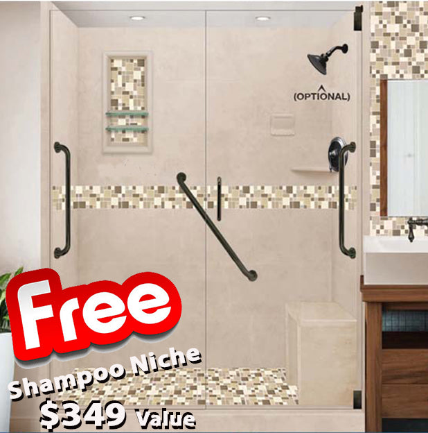 SPECIAL - Freedom 60" Alcove Brown Sugar Sistine Stone & Tuscany Mosaic Accent Shower Remodel Kit (FREE Shampoo Niche)
