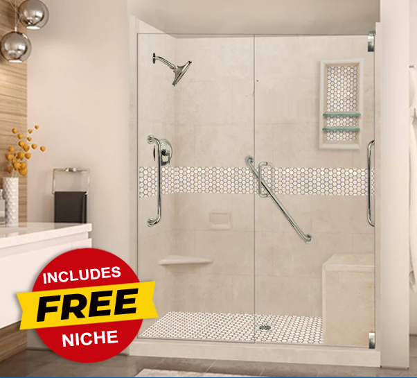 SPECIAL - 60" Alcove Desert Sand Sistine Stone & Honey Hex Mosaic Accent Shower Remodel Kit (FREE - Shampoo Niche)