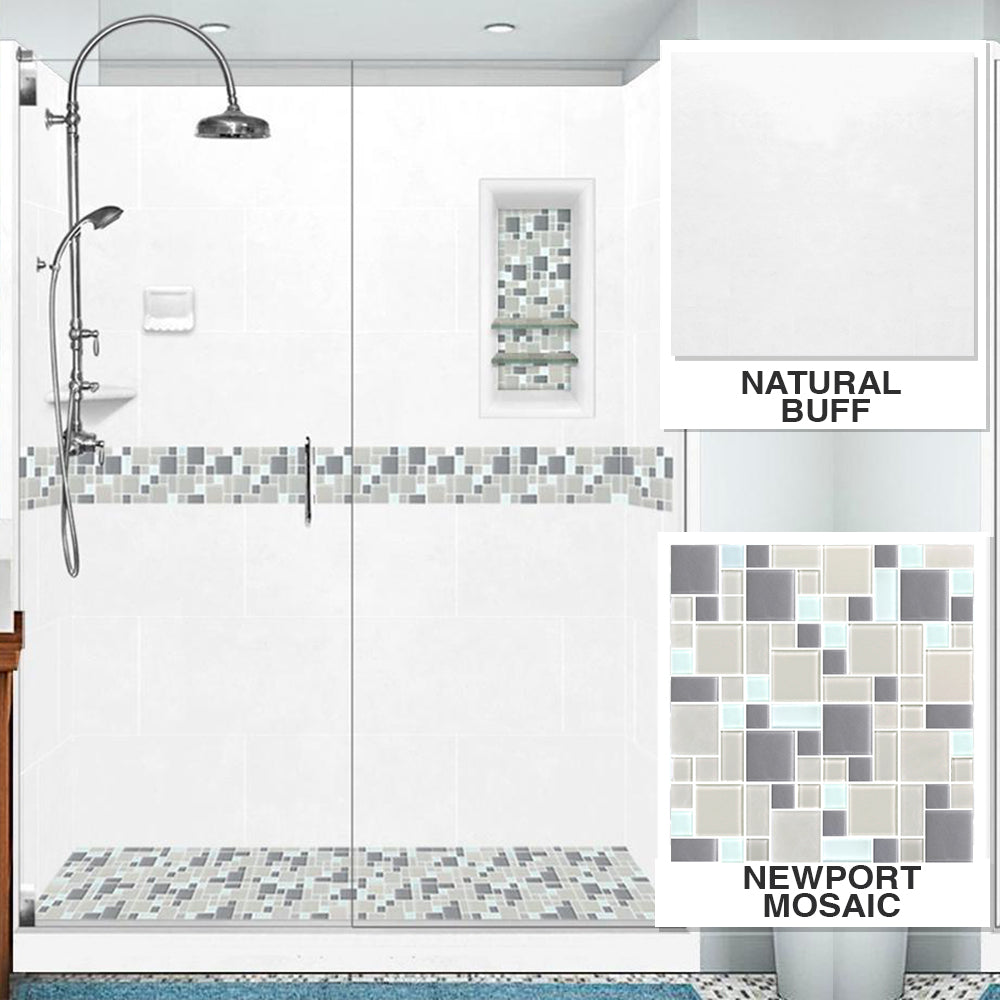 Special - 60" Alcove Natural Buff Sistine Stone & Newport Mosaic Accent Shower Remodel Kit (FREE Shampoo Niche)