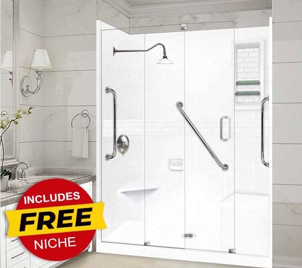 SPECIAL - 60" Alcove Natural Buff Sistine Stone & Subway Stone Accent Shower Remodel Kit (FREE Shampoo Niche)