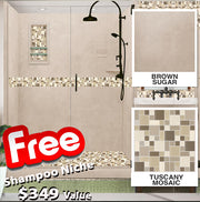Special - 60" Alcove Brown Sugar Sistine Stone & Tuscany Mosaic Accent Shower Remodel Kit (FREE Shampoo Niche)