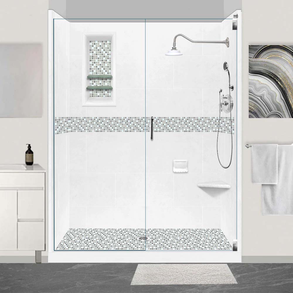 SPECIAL - 60" Alcove Natural Buff Sistine Stone & Del Mar Mosaic Accent Shower Remodel Kit (FREE Shampoo Niche)