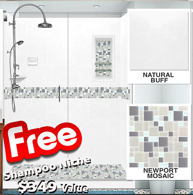 Special - 60" Alcove Natural Buff Sistine Stone & Newport Mosaic Accent Shower Remodel Kit (FREE Shampoo Niche)