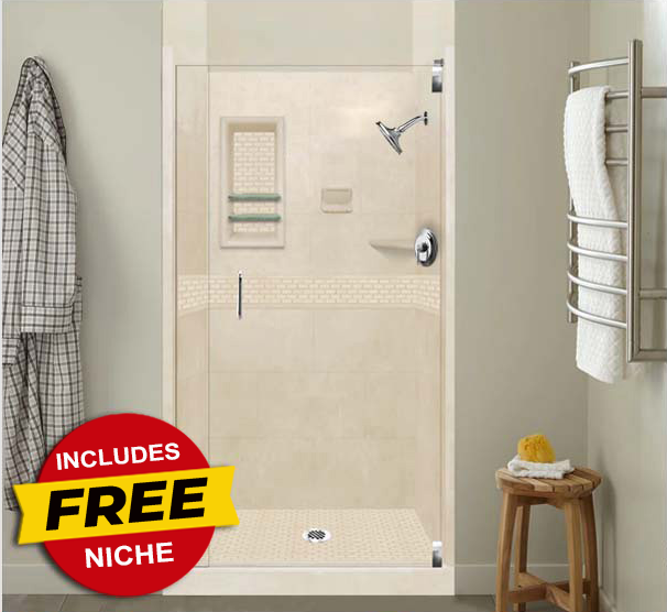 SPECIAL- Alcove Desert Sand Sistine Stone & Classic Stone Accent Shower Remodel Kit (FREE- Shampoo Niche)