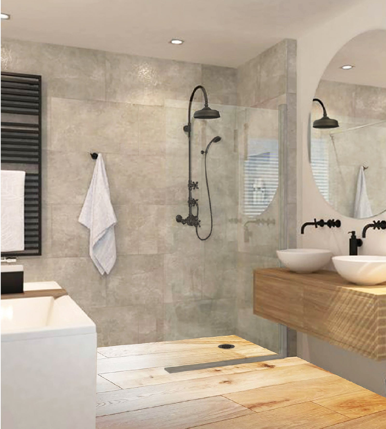 Burnt Oak Zero Threshold 60" Alcove LifeProof Flooring Wood Collection Shower Enclosure Kits