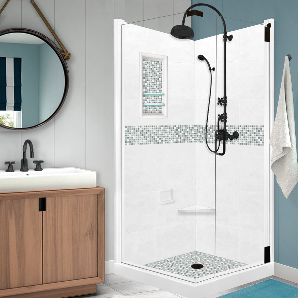 Corner Natural Buff Sistine Stone & Del Mar Mosaic Accent Shower Remodel Kit