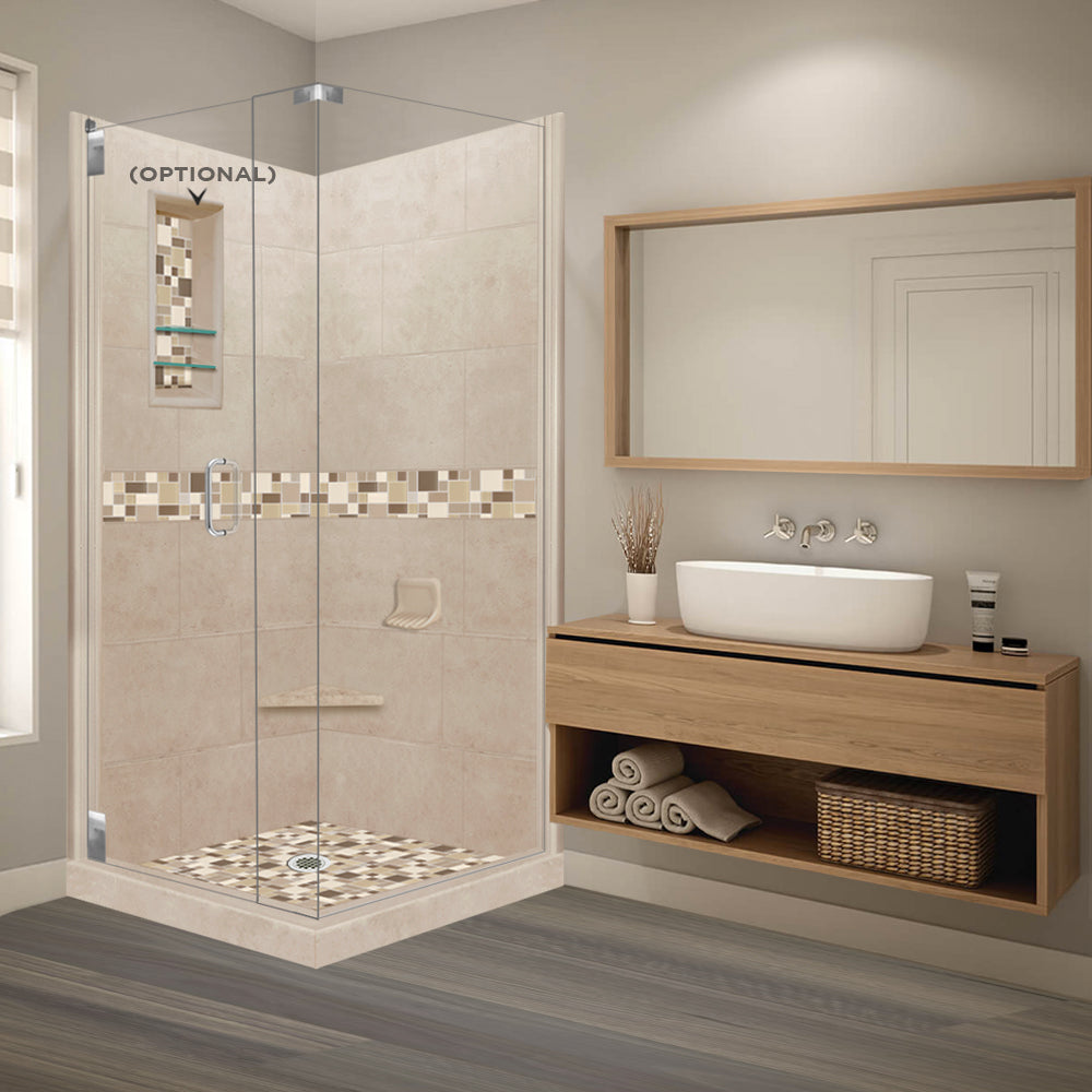 Corner Brown SUgar Sistine Stone & Tuscany Mosaic Accent Shower Remodel Kit