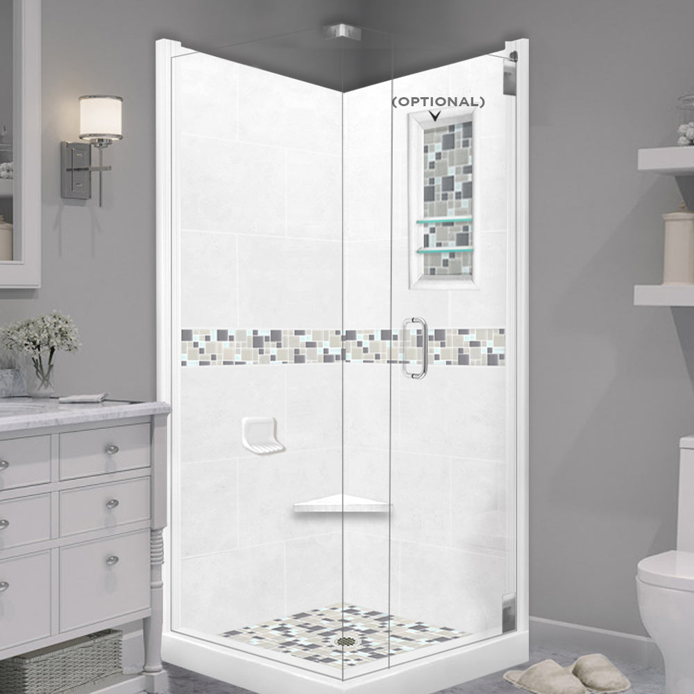 Corner Natural Buff Sistine Stone & Newport Mosaic Accent Shower Remodel Kit