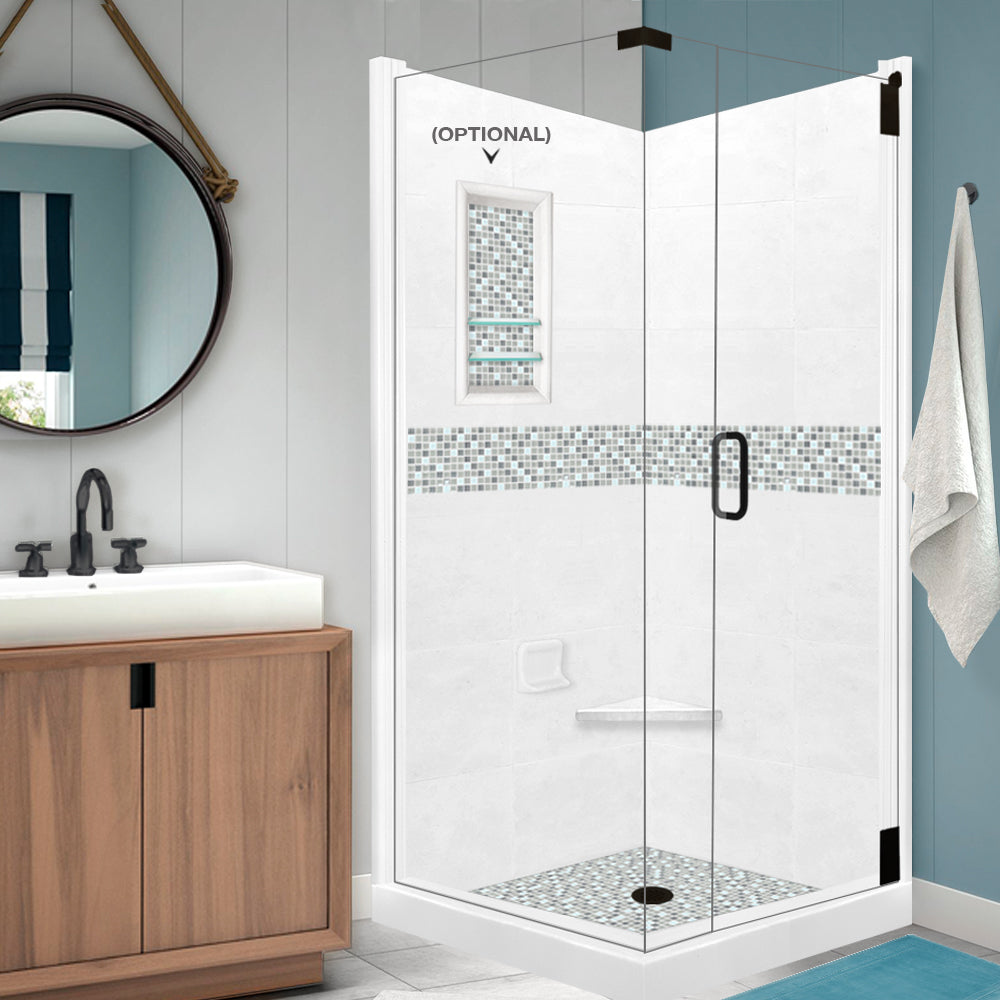 Corner Natural Buff Sistine Stone & Del Mar Mosaic Accent Shower Remodel Kit