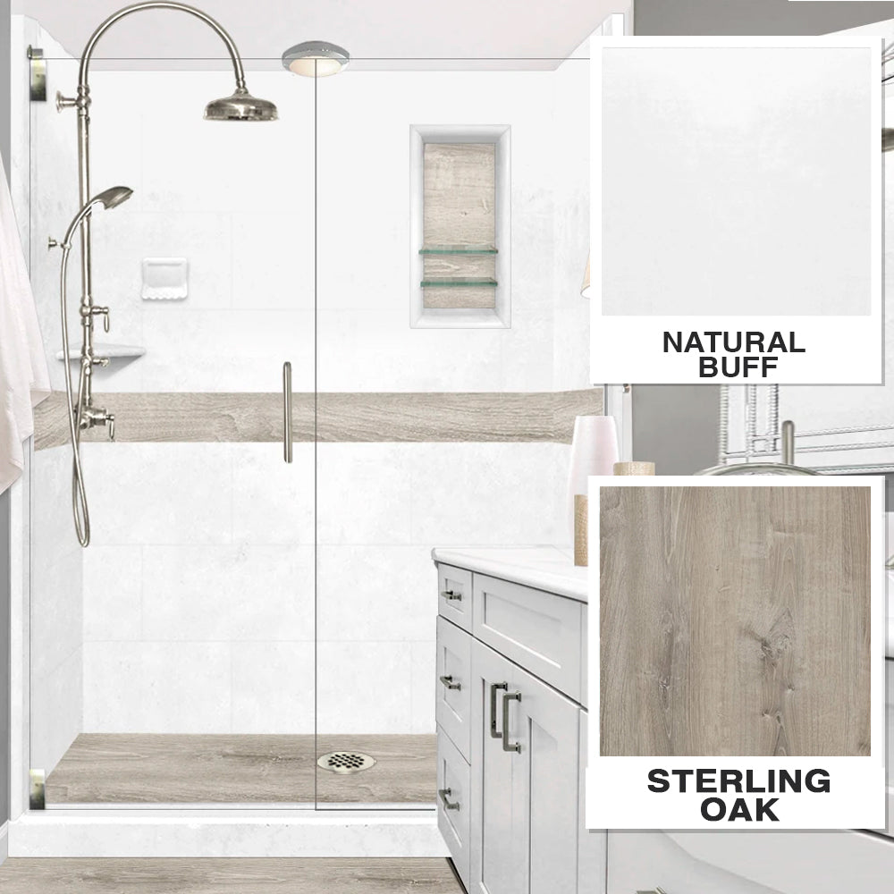 60" Alcove Natural Buff Sistine Stone & Sterling Oak Wood Accent Shower Remodel Kit