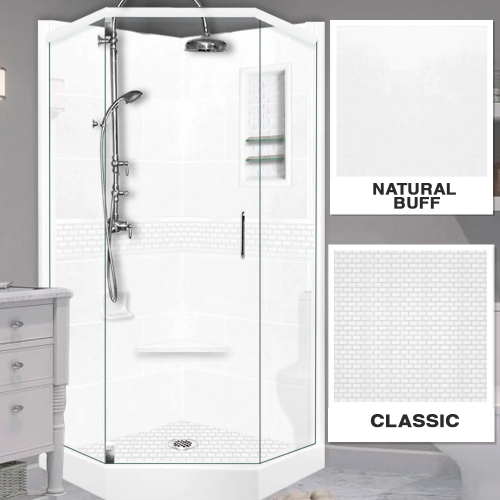 Neo-Angle Natural Buff Sistine Stone & Classic Stone Accent Shower Remodel Kit