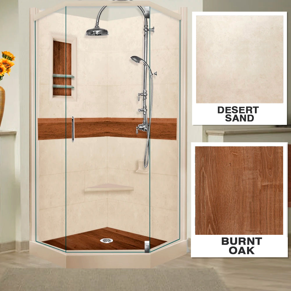 Neo-Angle Desert Sand Sistine Stone & Burnt Oak Wood Accent Shower Remodel Kit