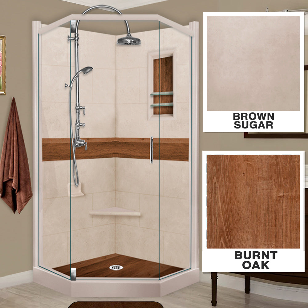 Neo-Angle Brown Sugar Sistine Stone & Burnt Oak Wood Accent Shower Remodel Kit