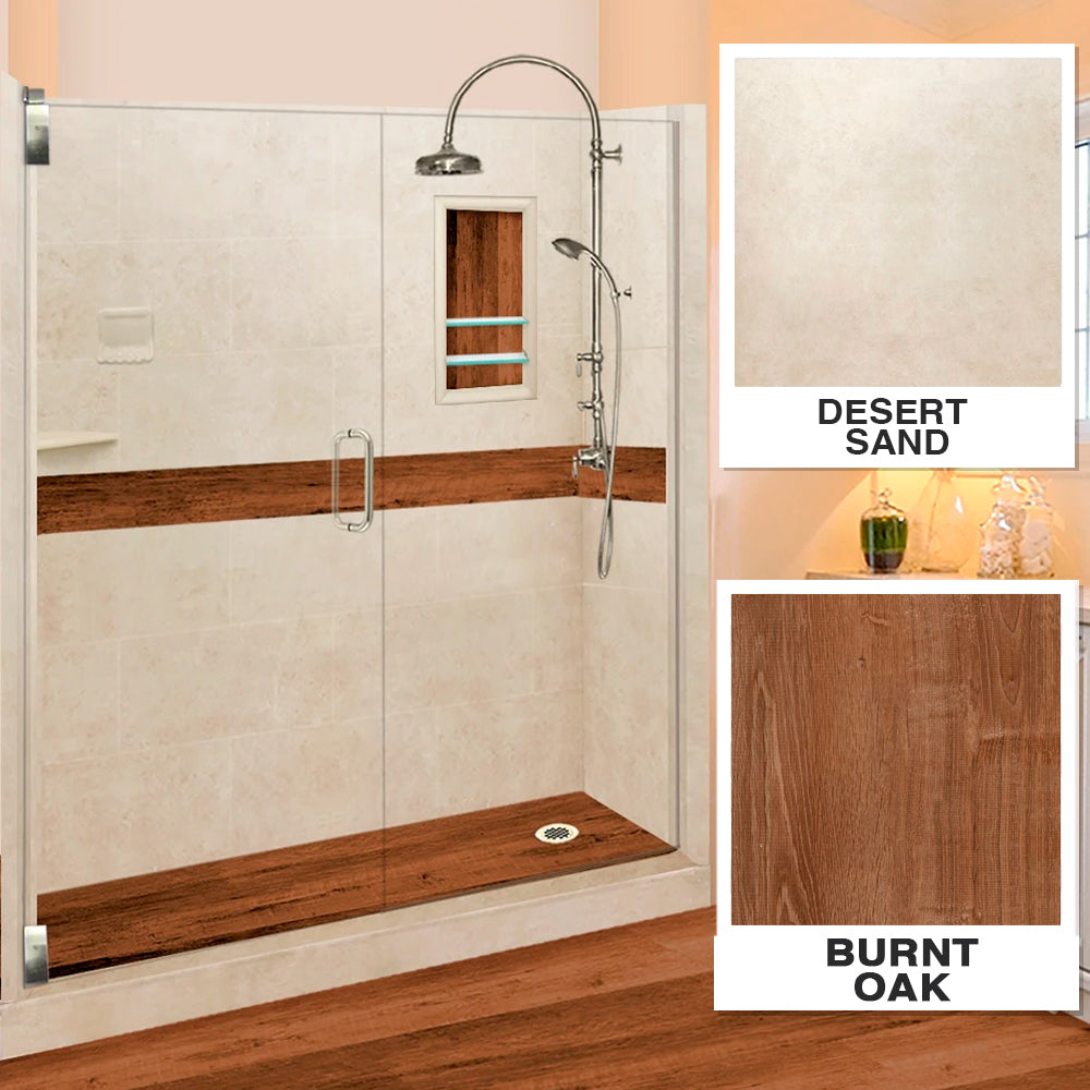 60" Alcove Desert Sand Sistine Stone & Burnt Oak Wood Accent Shower Remodel Kit