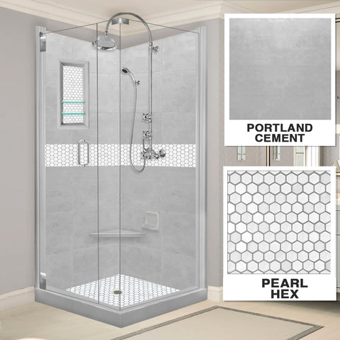 Pearl Hex Mosaic Portland Cement Corner Shower Enclosure Kit
