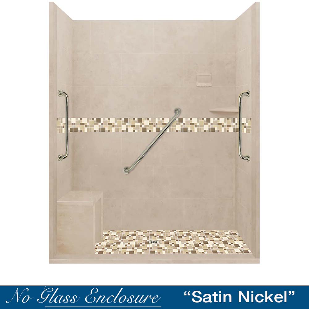 Freedom Zero 60" Alcove Brown Sugar Sistine Stone & Tuscany Mosaic Accent Shower Remodel Kit