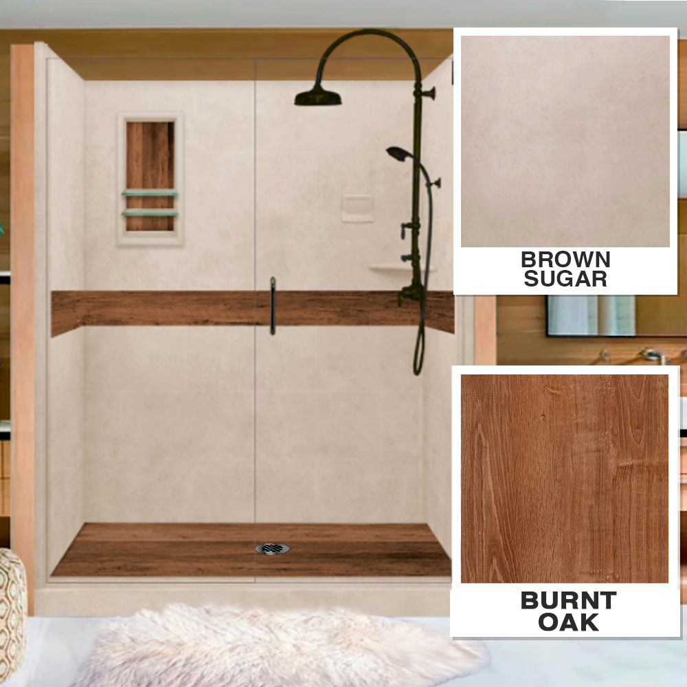 60" Alcove Brown Sugar Sistine Stone & Burnt Oak Wood Accent Shower Remodel Kit