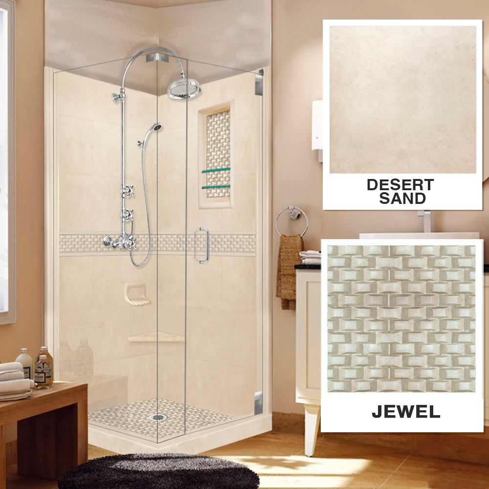 Corner Desert Sand Sistine Stone & Jewel Stone Accent Shower Remodel Kit