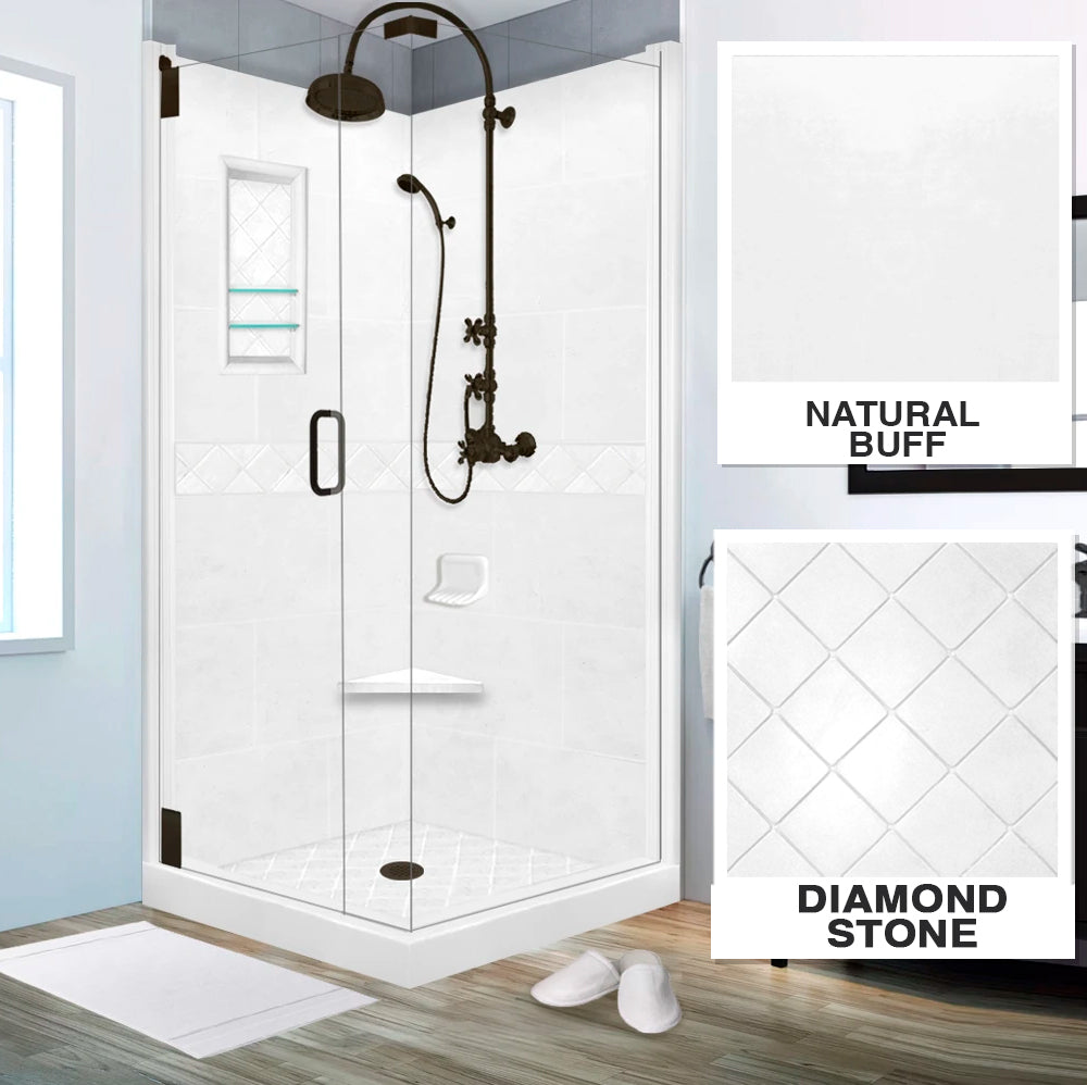 Corner Natural Buff Sistine Stone & Diamond Stone Accent Shower Remodel Kit