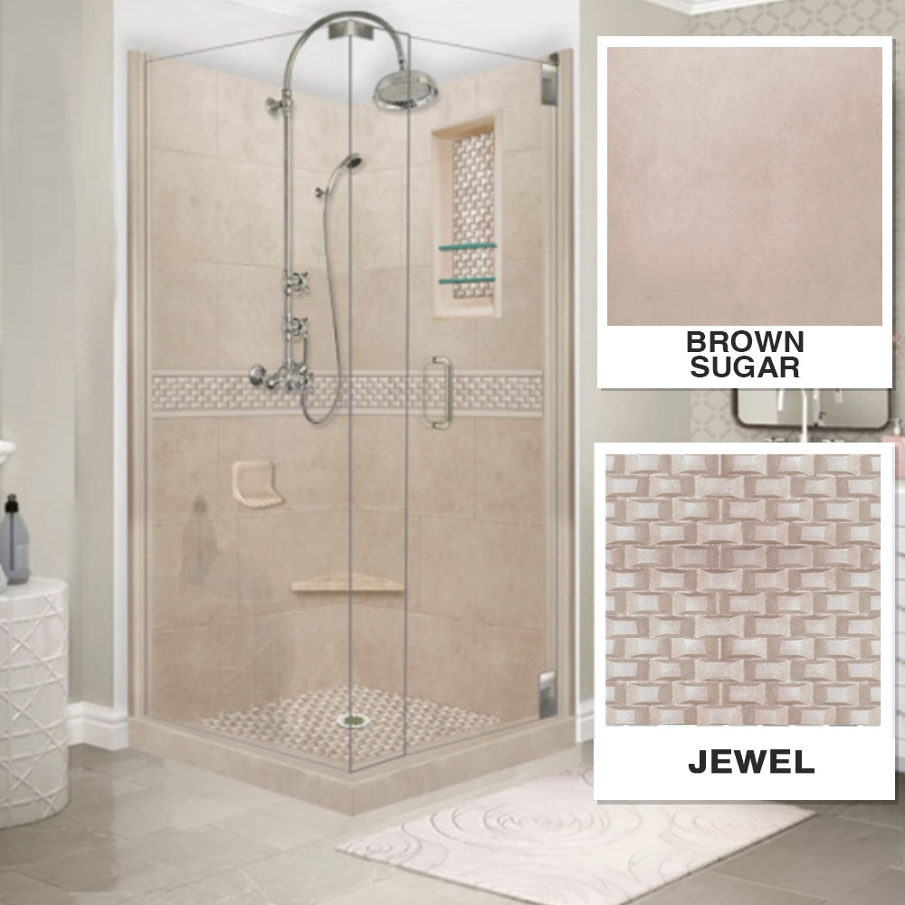 Corner Brown Sugar Sistine Stone & Jewel Stone Accent Shower Remodel Kit