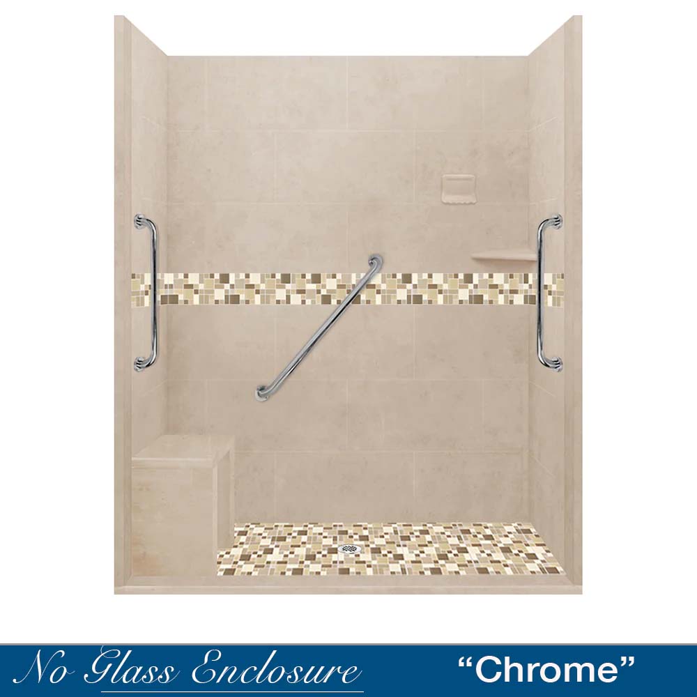 Freedom Zero 60" Alcove Brown Sugar Sistine Stone & Tuscany Mosaic Accent Shower Remodel Kit