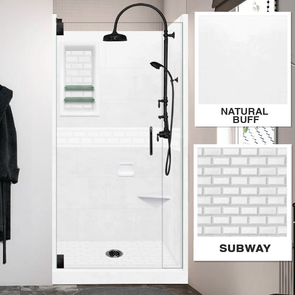 Alcove Natural Buff Sistine Stone & Subway Stone Accent Shower Remodel Kit