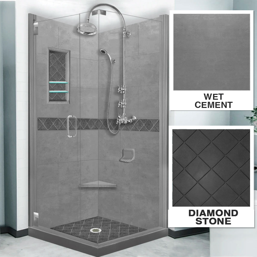 Corner Wet Cement Sistine Stone & Diamond Stone Accent Shower Remodel Kit