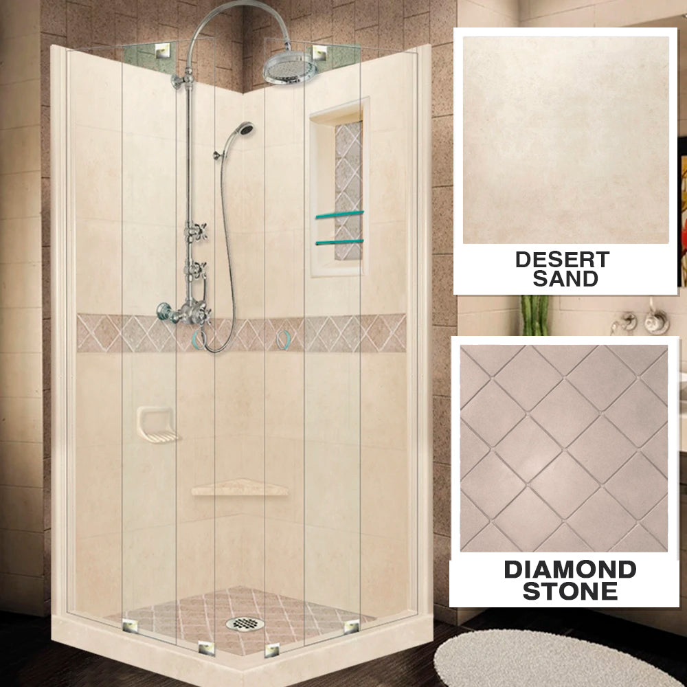 Corner Desert Sand Sistine Stone & Diamond Stone Accent Shower Remodel Kit
